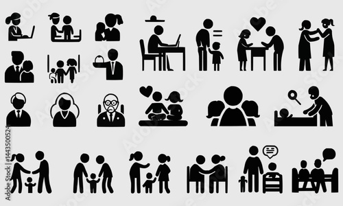 Family, relationship icon set. Vector glyph pictograms of couple, parent, child, elderly people, pregnancy, parenting, community, single mother, social care black silhouette illustration.