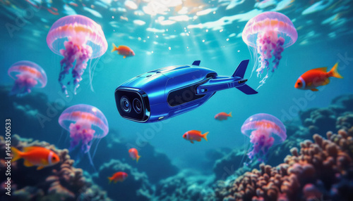 A futuristic, blue underwater drone explores a vibrant coral reef teeming with jellyfish and orange fish, capturing stunning visuals in a turquoise ocean.