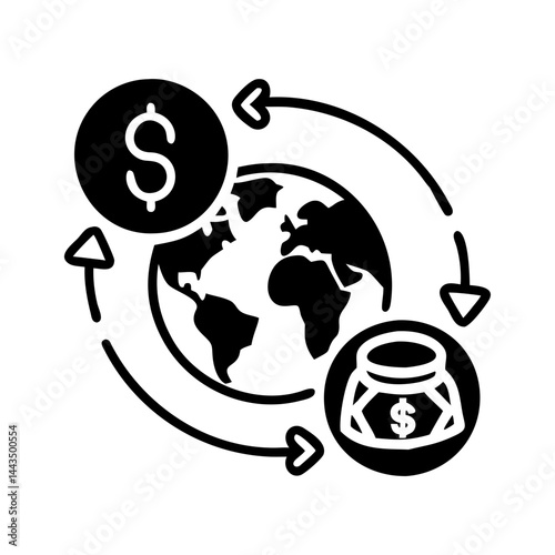 Global Money Flow Icon, Worldwide Currency Exchange and International Finance