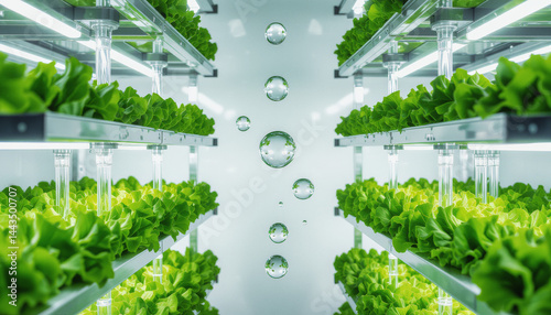 This digital rendering showcases a futuristic vertical farm with tiered hydroponic systems, illuminated by LED grow lights and featuring cascading water droplets, representing a sustainable and tech