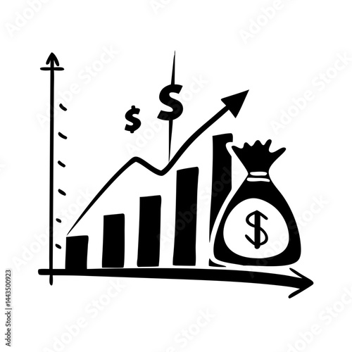 Financial growth chart with dollar signs and money bag for investments