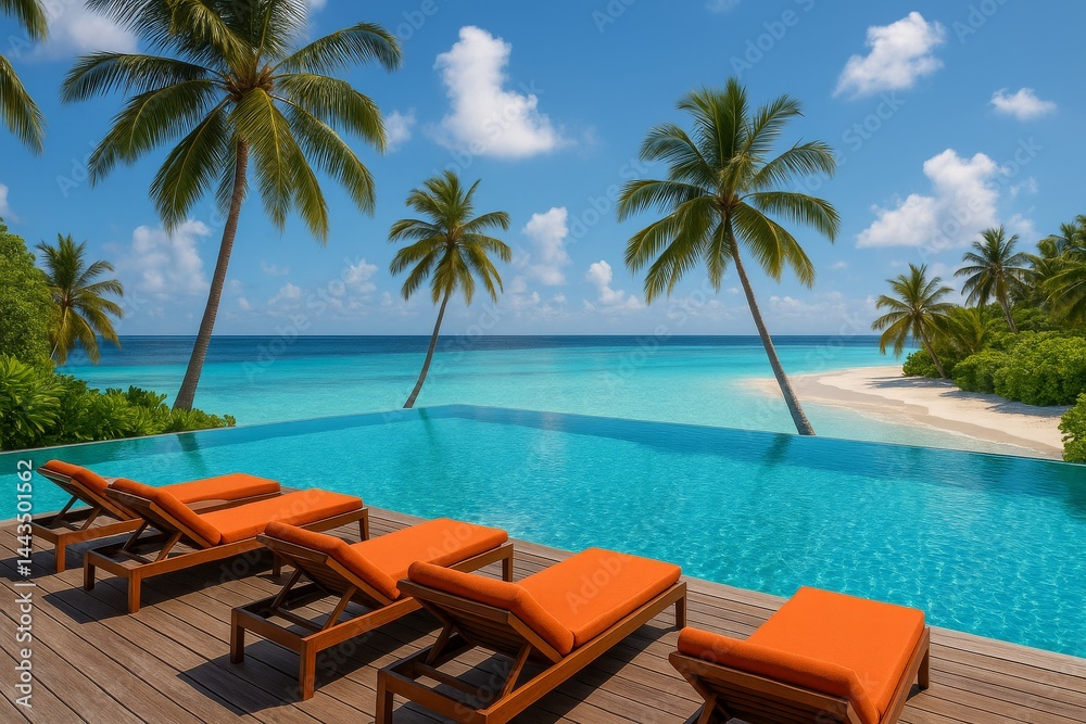 Breathtaking Beachfront View With Infinity Pool and Palm Trees in Tropical Paradise