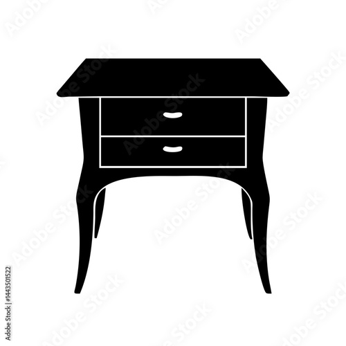 Elegant silhouette illustration of a nightstand with two drawers and curved legs