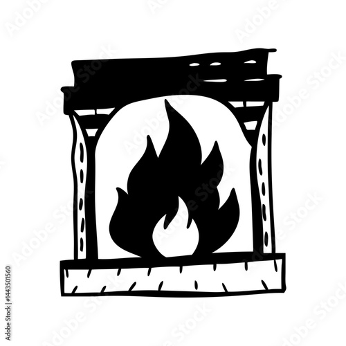 Black and white drawing of a fireplace with flames burning brightly