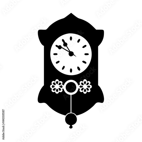 A Silhouette of a Classic Decorative Wall Clock with Pendulum and Flowers