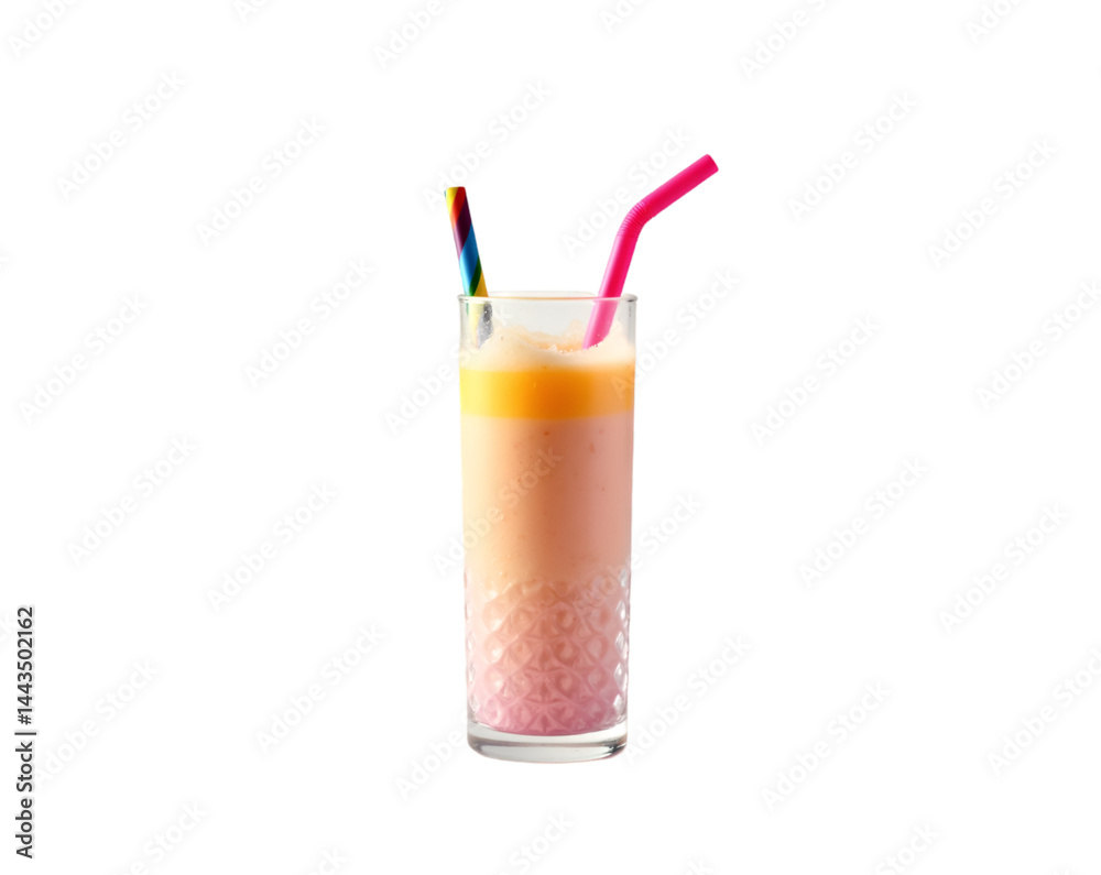 Vibrant layered beverage in a patterned glass with colorful straws providing a refreshing and visually appealing composition against a plain setting Vibrant layered beverage in a patterned glass with colorful straws providing a refreshing and visually appealing composition against a plain setting