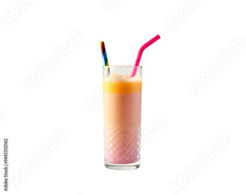 Vibrant layered beverage in a patterned glass with colorful straws providing a refreshing and visually appealing composition against a plain setting