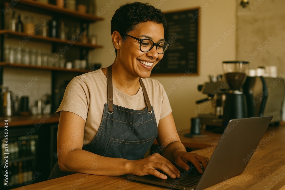 Smiling Barista Works on a Laptop in a Cozy Coffee Shop During Afternoon Hours