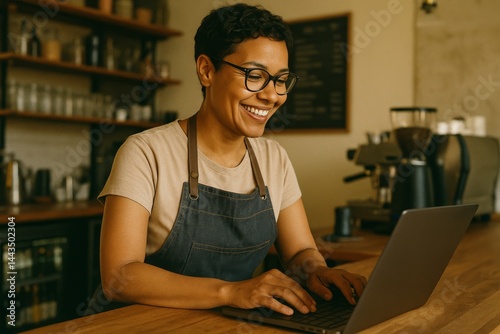 Obraz na płótnie Smiling Barista Works on a Laptop in a Cozy Coffee Shop During Afternoon Hours w salonie