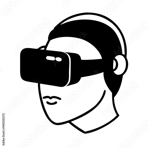 Stylized representation of a person wearing a virtual reality headset in black and white