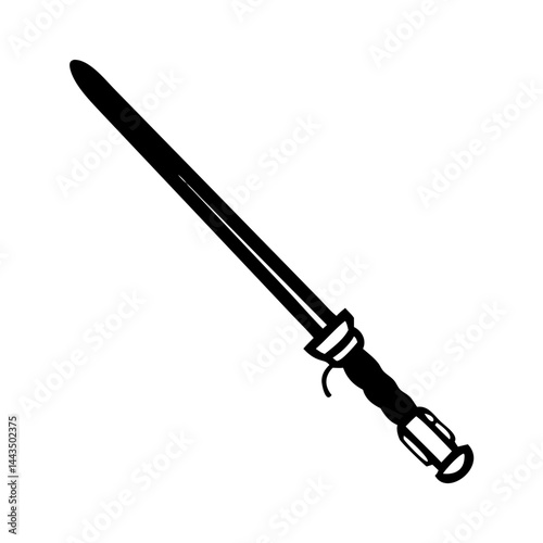 A stylized black and white illustration of a fantasy long sword weapon