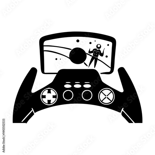 Astronaut on Game Console Screen in a Monochrome Gaming Setup