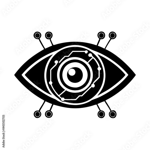 Black and white graphic of a stylized cybernetic eye design