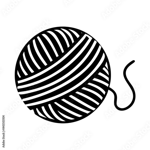 Black and white ball of yarn with a loose strand on white