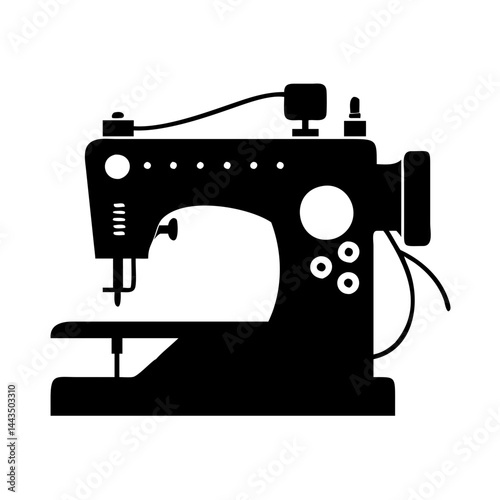 Black and white silhouette of a classic sewing machine with details