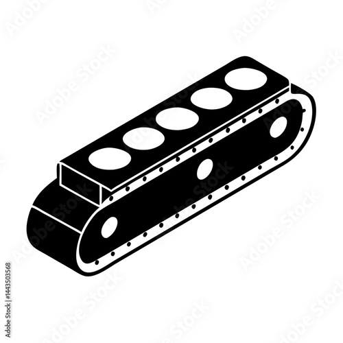 Isometric view of a caterpillar track section shows a heavy duty construction