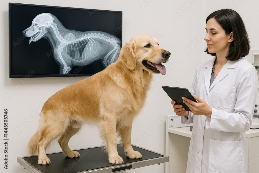 Golden Retriever Receives Examination at Veterinary Clinic With X-Ray Display