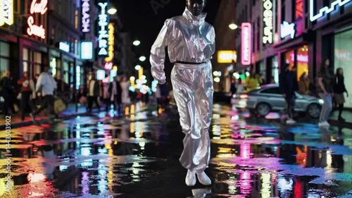 Person in silver outfit walking through neon-lit city street
