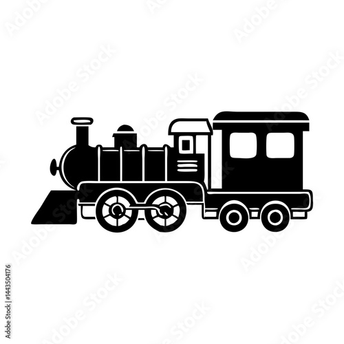 Stylized black and white image of a vintage steam engine train