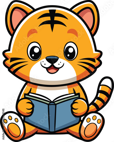 cute baby tiger reading book cartoon outline
