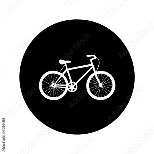 Stylized bicycle on a black circle background, simple white illustration