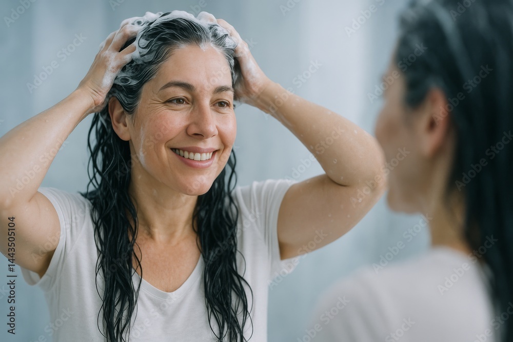Woman Enjoying a Relaxing Moment While Washing Her Hair in a Bright Bathroom