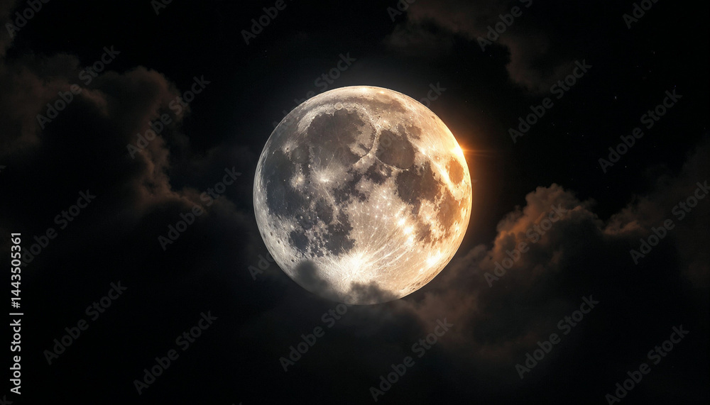 Obraz premium Bright full moon shining through dark clouds at night in a clear sky