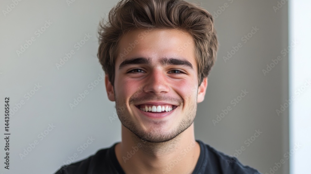 Obraz premium Confident young man smiling indoor setting portrait casual environment close-up