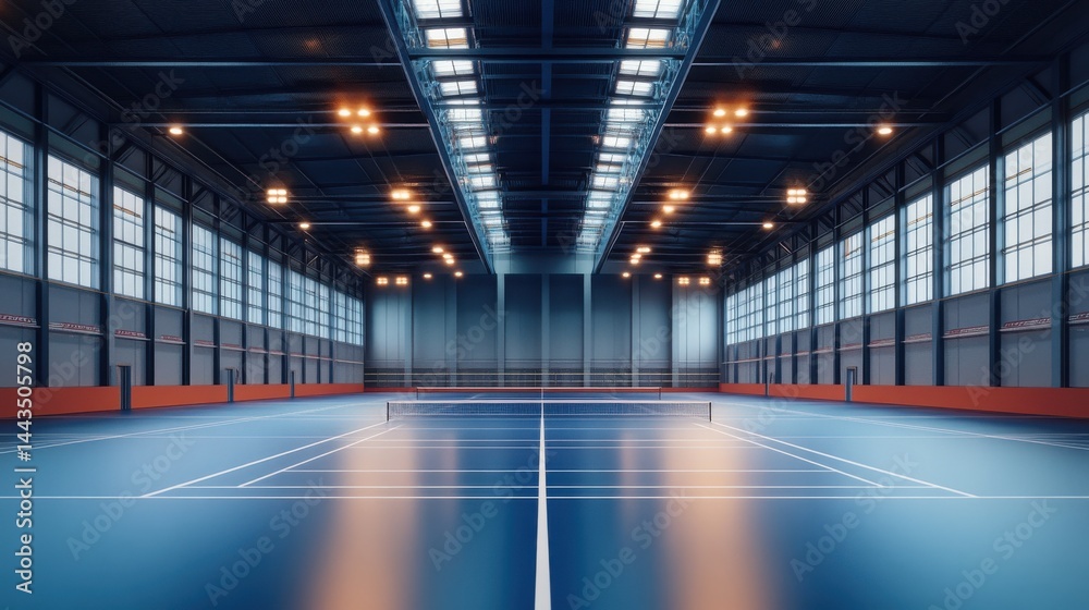 Fototapeta premium A spacious indoor tennis court showcasing vibrant blue flooring and ample natural light from large windows.