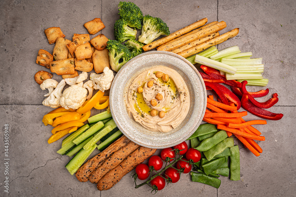 Various hummus dips. Hummus plate with vegetable snacks. Carrot, cucumber, tomato, celery sticks, dry crackers and olive, top view. Vegan and traditional hummus as healthy and vegan snack.