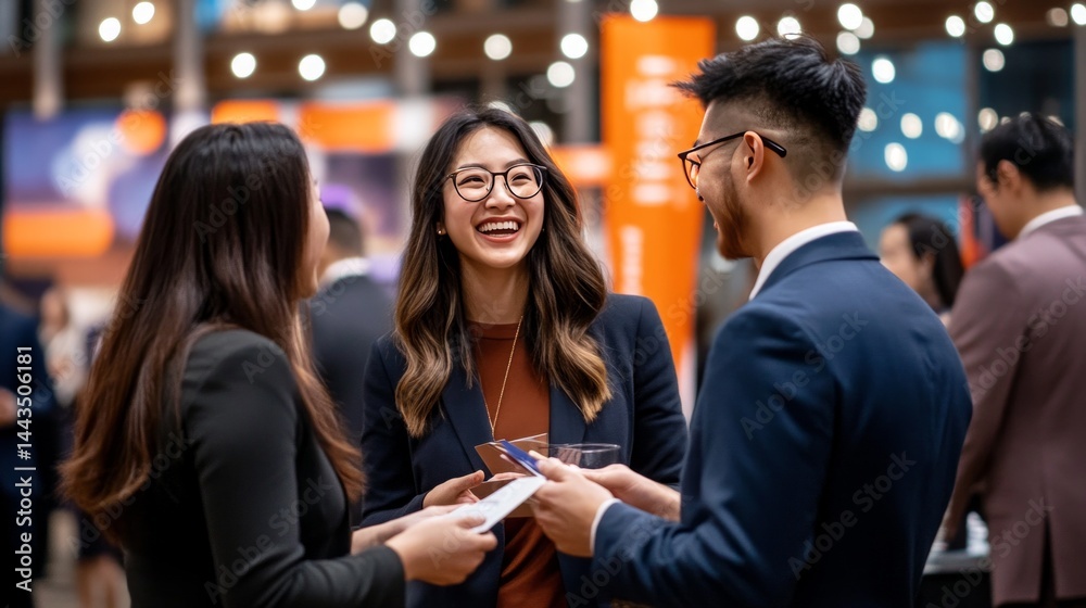 Obraz premium Three young Asian professionals network and laugh at a business event.