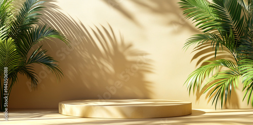 Tropical-themed podium scene with soft natural light, palm leaves casting shadows on a beige wall. 
