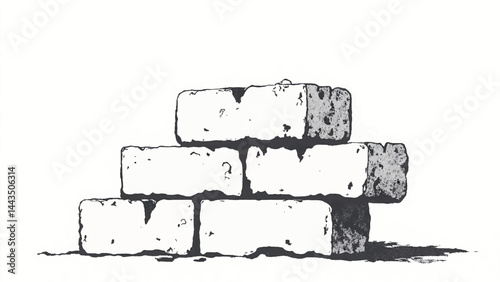 A black and white, hand-drawn illustration of a stack of bricks on a white background. A stack of bricks.  