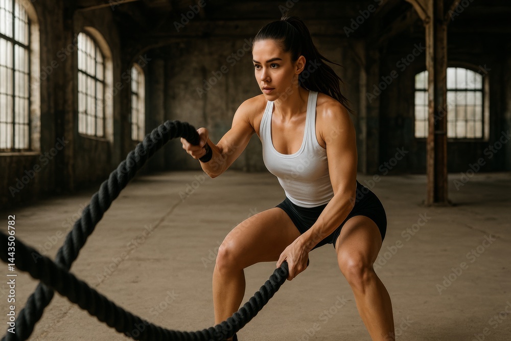 Woman Working out With Battle Ropes in an Industrial Gym Space