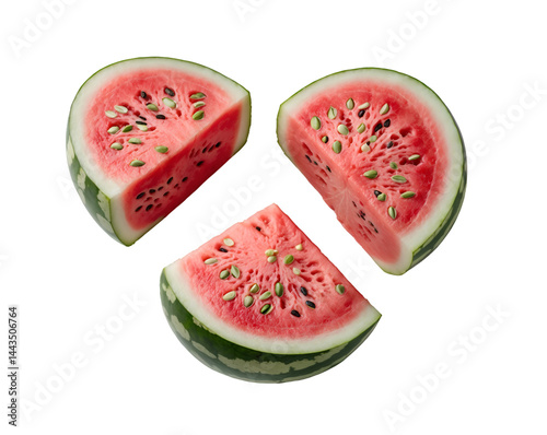 Vibrant Watermelon Slices Displaying Juicy Red Pulp and Seeds, Isolated Against a Deep Backdrop, Perfect for Summer, Nutrition, and Refreshment Concepts