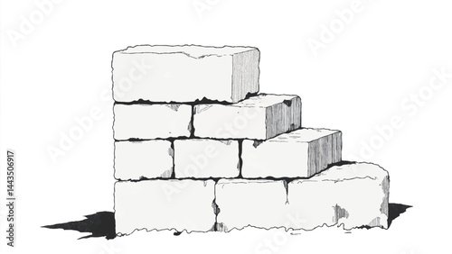 A black and white, hand-drawn illustration of a stack of bricks on a white background. A stack of bricks.  