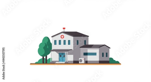 Minimalist flat graphic of a rural health clinic against a stark white backdrop