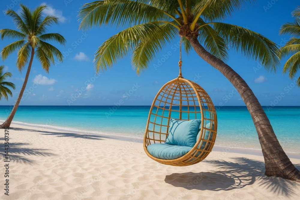 Relaxing Beach Hammock Under Palm Trees on a Sunny Day by the Turquoise Ocean