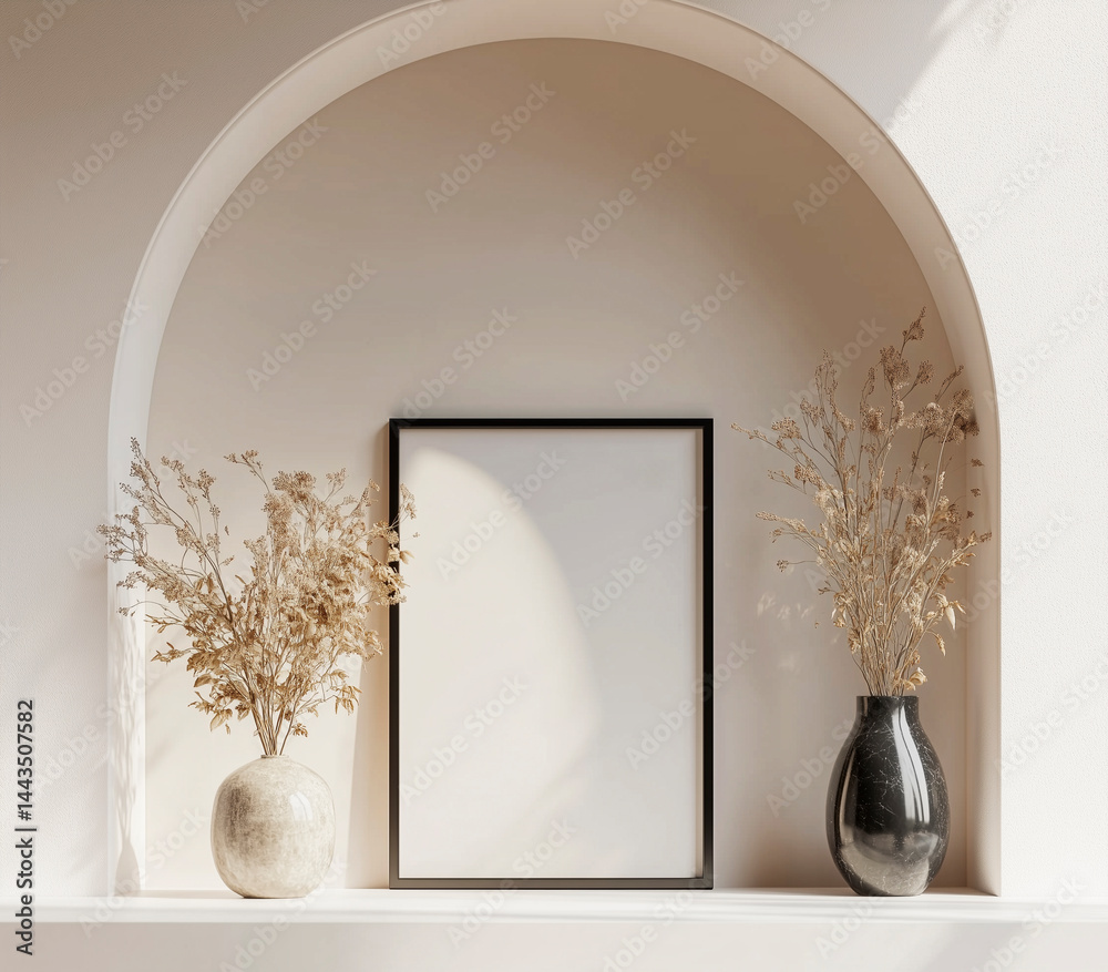 Minimalist arched niche with a black vase holding dried flowers and a framed blank canvas leaning against the wall.