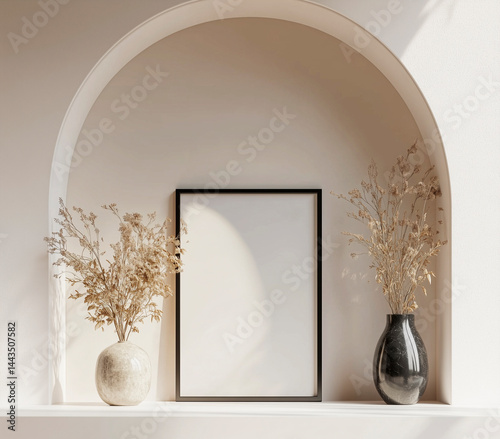 Obraz na płótnie Minimalist arched niche with a black vase holding dried flowers and a framed blank canvas leaning against the wall. w salonie