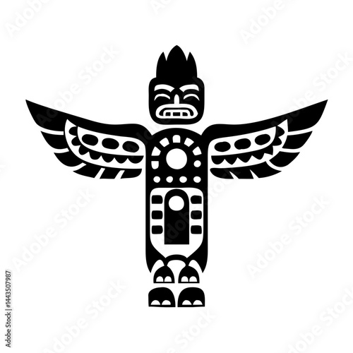Monochrome Totem Pole Depicting a Humanoid Figure with Outstretched Wings