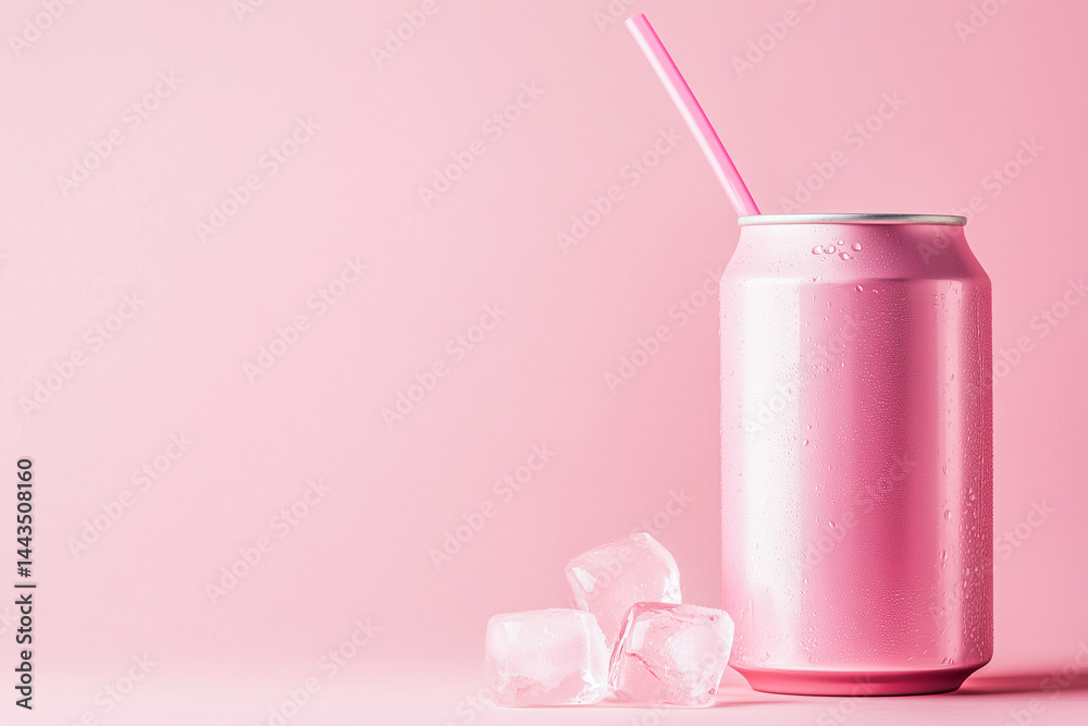 Pink soda can with a straw and ice cubes on a pastel pink background.