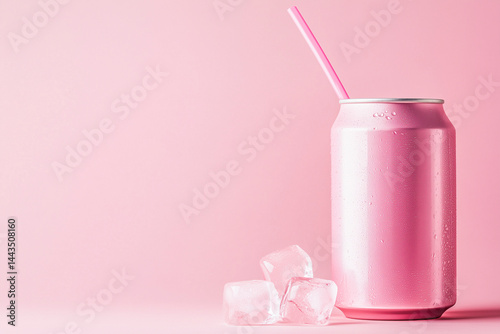 Obraz na płótnie Pink soda can with a straw and ice cubes on a pastel pink background. w salonie