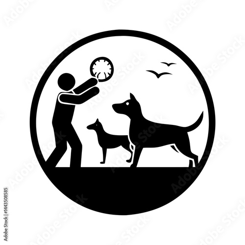 Person playing with a dog toy as two dogs and birds look on