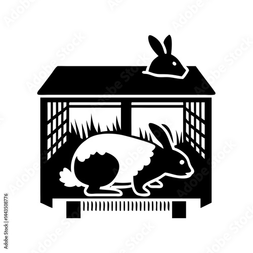 A stylized black and white vector of rabbits in a cage