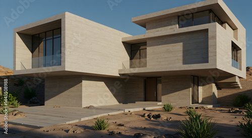 Modernist Concrete Villa Exterior With Desert Landscape Architecture Style