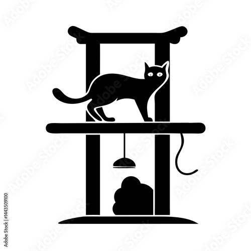 Black cat perched atop a modern cat tree, rendered in silhouette