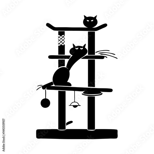Whimsical illustration of cartoon cats enjoying their multilevel cat tree house