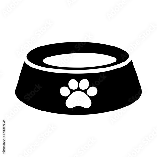 Simple black and white illustration of a pet bowl with paw print