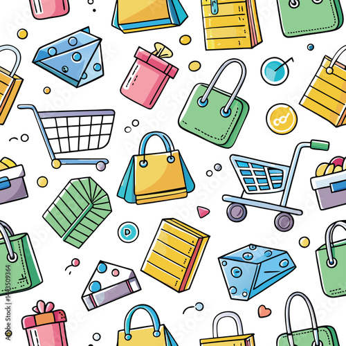 Colorful shopping pattern with gifts, bags, and carts